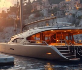 AI-generated yacht art - superyachts, sailing yachts, classic Riva runabouts. Photorealistic UHD marine wallpapers by Art by Innovation.