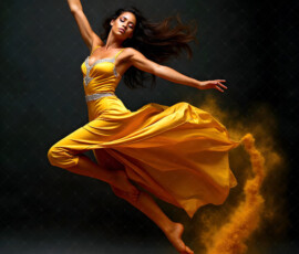 AI-generated abstract art of beautiful women caught mid-motion — dance, leap, spin — flowing fabric and dynamic color streaks frozen in cinematic light.