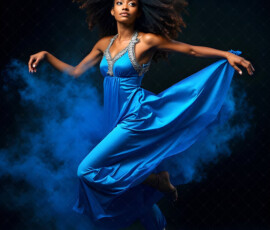 AI-generated abstract art of beautiful women caught mid-motion — dance, leap, spin — flowing fabric and dynamic color streaks frozen in cinematic light.