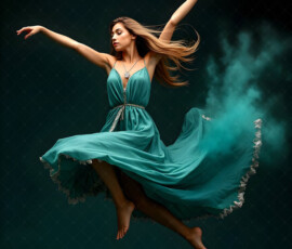 AI-generated abstract art of beautiful women caught mid-motion — dance, leap, spin — flowing fabric and dynamic color streaks frozen in cinematic light.