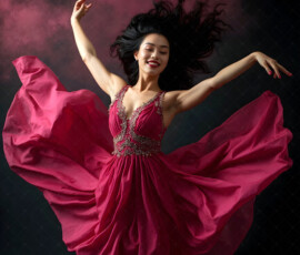 AI-generated abstract art of beautiful women caught mid-motion — dance, leap, spin — flowing fabric and dynamic color streaks frozen in cinematic light.