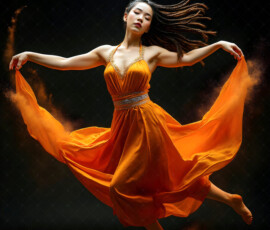 AI-generated abstract art of beautiful women caught mid-motion — dance, leap, spin — flowing fabric and dynamic color streaks frozen in cinematic light.