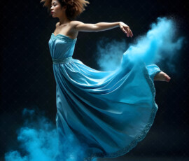 AI-generated abstract art of beautiful women caught mid-motion — dance, leap, spin — flowing fabric and dynamic color streaks frozen in cinematic light.