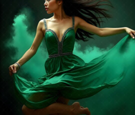 AI-generated abstract art of beautiful women caught mid-motion — dance, leap, spin — flowing fabric and dynamic color streaks frozen in cinematic light.