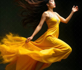 AI-generated abstract art of beautiful women caught mid-motion — dance, leap, spin — flowing fabric and dynamic color streaks frozen in cinematic light.