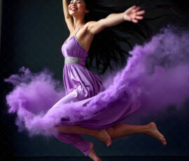 AI-generated abstract art of beautiful women caught mid-motion — dance, leap, spin — flowing fabric and dynamic color streaks frozen in cinematic light.