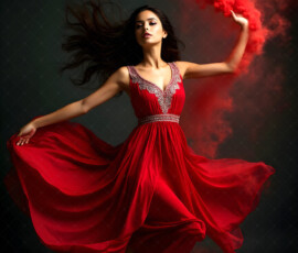 AI-generated abstract art of beautiful women caught mid-motion — dance, leap, spin — flowing fabric and dynamic color streaks frozen in cinematic light.