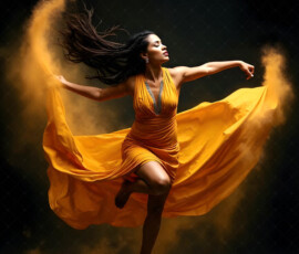 AI-generated abstract art of beautiful women caught mid-motion — dance, leap, spin — flowing fabric and dynamic color streaks frozen in cinematic light.