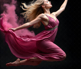 AI-generated abstract art of beautiful women caught mid-motion — dance, leap, spin — flowing fabric and dynamic color streaks frozen in cinematic light.