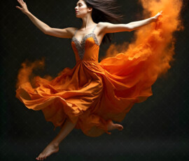 AI-generated abstract art of beautiful women caught mid-motion — dance, leap, spin — flowing fabric and dynamic color streaks frozen in cinematic light.