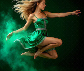 AI-generated abstract art of beautiful women caught mid-motion — dance, leap, spin — flowing fabric and dynamic color streaks frozen in cinematic light.