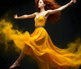 AI-generated abstract art of beautiful women caught mid-motion — dance, leap, spin — flowing fabric and dynamic color streaks frozen in cinematic light.