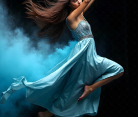 AI-generated abstract art of beautiful women caught mid-motion — dance, leap, spin — flowing fabric and dynamic color streaks frozen in cinematic light.