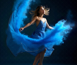 AI-generated abstract art of beautiful women caught mid-motion — dance, leap, spin — flowing fabric and dynamic color streaks frozen in cinematic light.