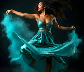 AI-generated abstract art of beautiful women caught mid-motion — dance, leap, spin — flowing fabric and dynamic color streaks frozen in cinematic light.