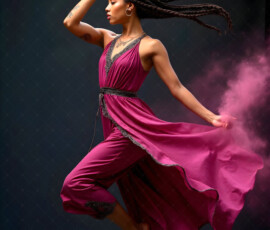 AI-generated abstract art of beautiful women caught mid-motion — dance, leap, spin — flowing fabric and dynamic color streaks frozen in cinematic light.