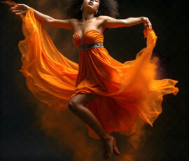 AI-generated abstract art of beautiful women caught mid-motion — dance, leap, spin — flowing fabric and dynamic color streaks frozen in cinematic light.