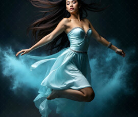 AI-generated abstract art of beautiful women caught mid-motion — dance, leap, spin — flowing fabric and dynamic color streaks frozen in cinematic light.