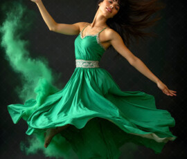 AI-generated abstract art of beautiful women caught mid-motion — dance, leap, spin — flowing fabric and dynamic color streaks frozen in cinematic light.