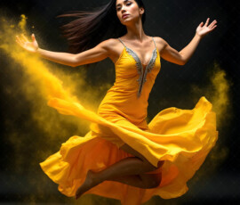 AI-generated abstract art of beautiful women caught mid-motion — dance, leap, spin — flowing fabric and dynamic color streaks frozen in cinematic light.