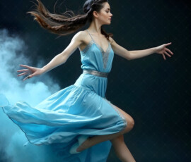 AI-generated abstract art of beautiful women caught mid-motion — dance, leap, spin — flowing fabric and dynamic color streaks frozen in cinematic light.