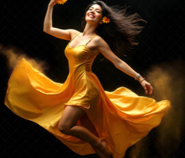 AI-generated abstract art of beautiful women caught mid-motion — dance, leap, spin — flowing fabric and dynamic color streaks frozen in cinematic light.