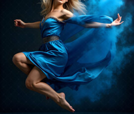 AI-generated abstract art of beautiful women caught mid-motion — dance, leap, spin — flowing fabric and dynamic color streaks frozen in cinematic light.