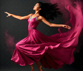 AI-generated abstract art of beautiful women caught mid-motion — dance, leap, spin — flowing fabric and dynamic color streaks frozen in cinematic light.