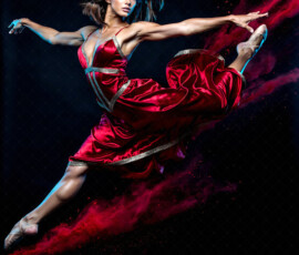 AI-generated abstract art of beautiful women caught mid-motion — dance, leap, spin — flowing fabric and dynamic color streaks frozen in cinematic light.