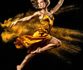 AI-generated abstract art of beautiful women caught mid-motion — dance, leap, spin — flowing fabric and dynamic color streaks frozen in cinematic light.