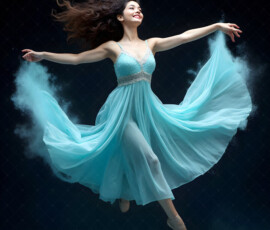 AI-generated abstract art of beautiful women caught mid-motion — dance, leap, spin — flowing fabric and dynamic color streaks frozen in cinematic light.