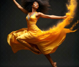 AI-generated abstract art of beautiful women caught mid-motion — dance, leap, spin — flowing fabric and dynamic color streaks frozen in cinematic light.