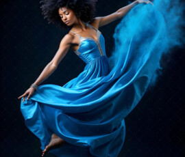 AI-generated abstract art of beautiful women caught mid-motion — dance, leap, spin — flowing fabric and dynamic color streaks frozen in cinematic light.
