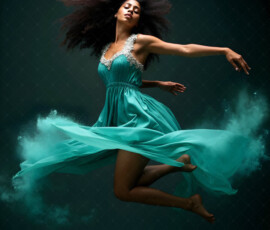 AI-generated abstract art of beautiful women caught mid-motion — dance, leap, spin — flowing fabric and dynamic color streaks frozen in cinematic light.