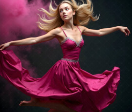 AI-generated abstract art of beautiful women caught mid-motion — dance, leap, spin — flowing fabric and dynamic color streaks frozen in cinematic light.