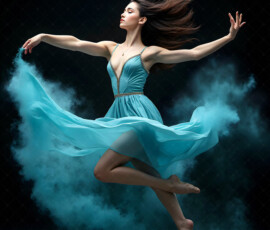 AI-generated abstract art of beautiful women caught mid-motion — dance, leap, spin — flowing fabric and dynamic color streaks frozen in cinematic light.