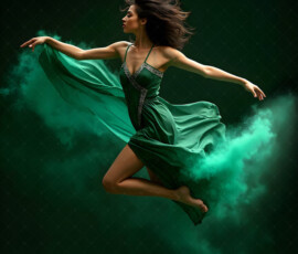 AI-generated abstract art of beautiful women caught mid-motion — dance, leap, spin — flowing fabric and dynamic color streaks frozen in cinematic light.