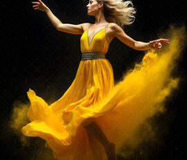 AI-generated abstract art of beautiful women caught mid-motion — dance, leap, spin — flowing fabric and dynamic color streaks frozen in cinematic light.