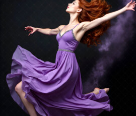 AI-generated abstract art of beautiful women caught mid-motion — dance, leap, spin — flowing fabric and dynamic color streaks frozen in cinematic light.