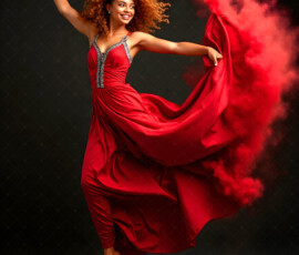 AI-generated abstract art of beautiful women caught mid-motion — dance, leap, spin — flowing fabric and dynamic color streaks frozen in cinematic light.