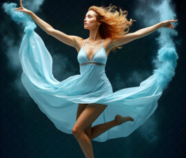 AI-generated abstract art of beautiful women caught mid-motion — dance, leap, spin — flowing fabric and dynamic color streaks frozen in cinematic light.