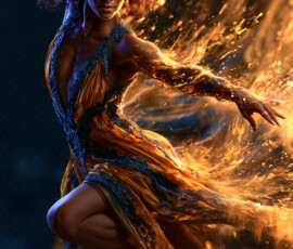AI-generated abstract art of beautiful women caught mid-motion — dance, leap, spin — flowing fabric and dynamic color streaks frozen in cinematic light.