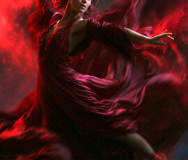 AI-generated abstract art of beautiful women caught mid-motion — dance, leap, spin — flowing fabric and dynamic color streaks frozen in cinematic light.