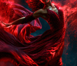 AI-generated abstract art of beautiful women caught mid-motion — dance, leap, spin — flowing fabric and dynamic color streaks frozen in cinematic light.