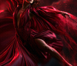AI-generated abstract art of beautiful women caught mid-motion — dance, leap, spin — flowing fabric and dynamic color streaks frozen in cinematic light.