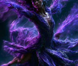 AI-generated abstract art of beautiful women caught mid-motion — dance, leap, spin — flowing fabric and dynamic color streaks frozen in cinematic light.
