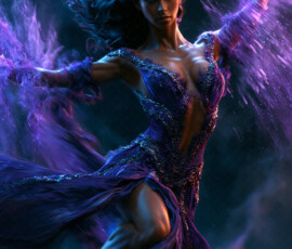 AI-generated abstract art of beautiful women caught mid-motion — dance, leap, spin — flowing fabric and dynamic color streaks frozen in cinematic light.