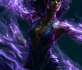 AI-generated abstract art of beautiful women caught mid-motion — dance, leap, spin — flowing fabric and dynamic color streaks frozen in cinematic light.