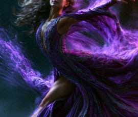 AI-generated abstract art of beautiful women caught mid-motion — dance, leap, spin — flowing fabric and dynamic color streaks frozen in cinematic light.