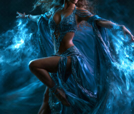 AI-generated abstract art of beautiful women caught mid-motion — dance, leap, spin — flowing fabric and dynamic color streaks frozen in cinematic light.